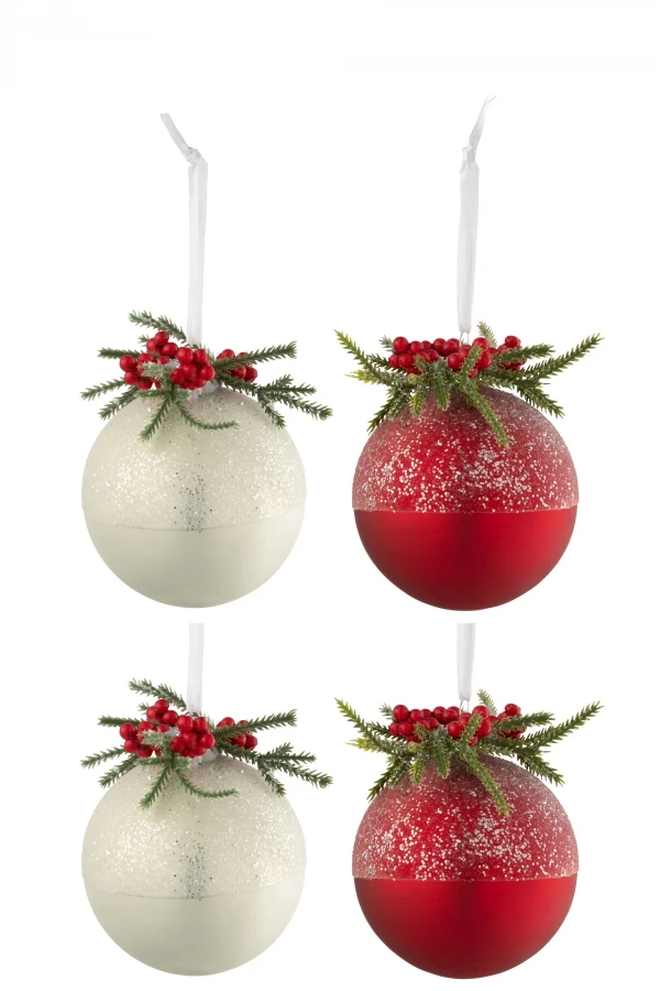 4 Boules De Noël Baies Givrées Blanc Rouge
