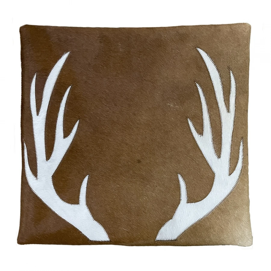 Coussin Bois De Cerf Cuir Vache Brun 45x45