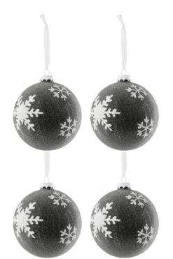 4 Boules De Noël Gris Anthracite Flocons Blancs