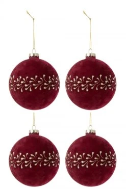 4 Boules De Noël Velours Bordeaux-Or Motif