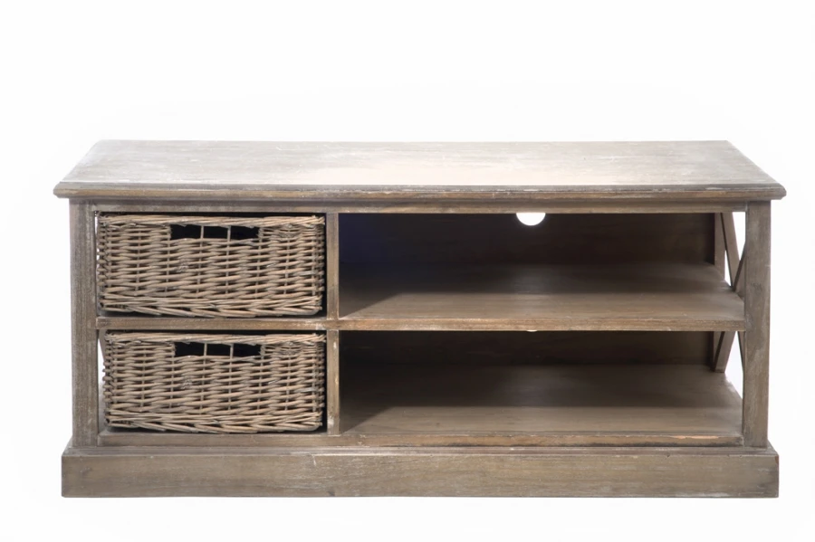 Meuble TV Bois Naturel Grisé Paniers Osier Jolipa – Image 2