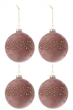 4 Boules De Noël Velours Rose Motif