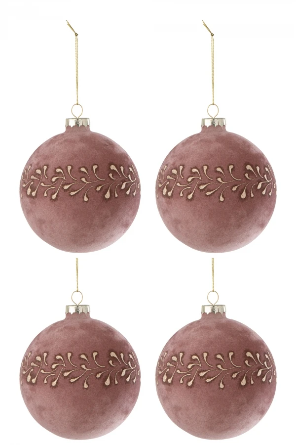 4 Boules De Noël Velours Rose Motif